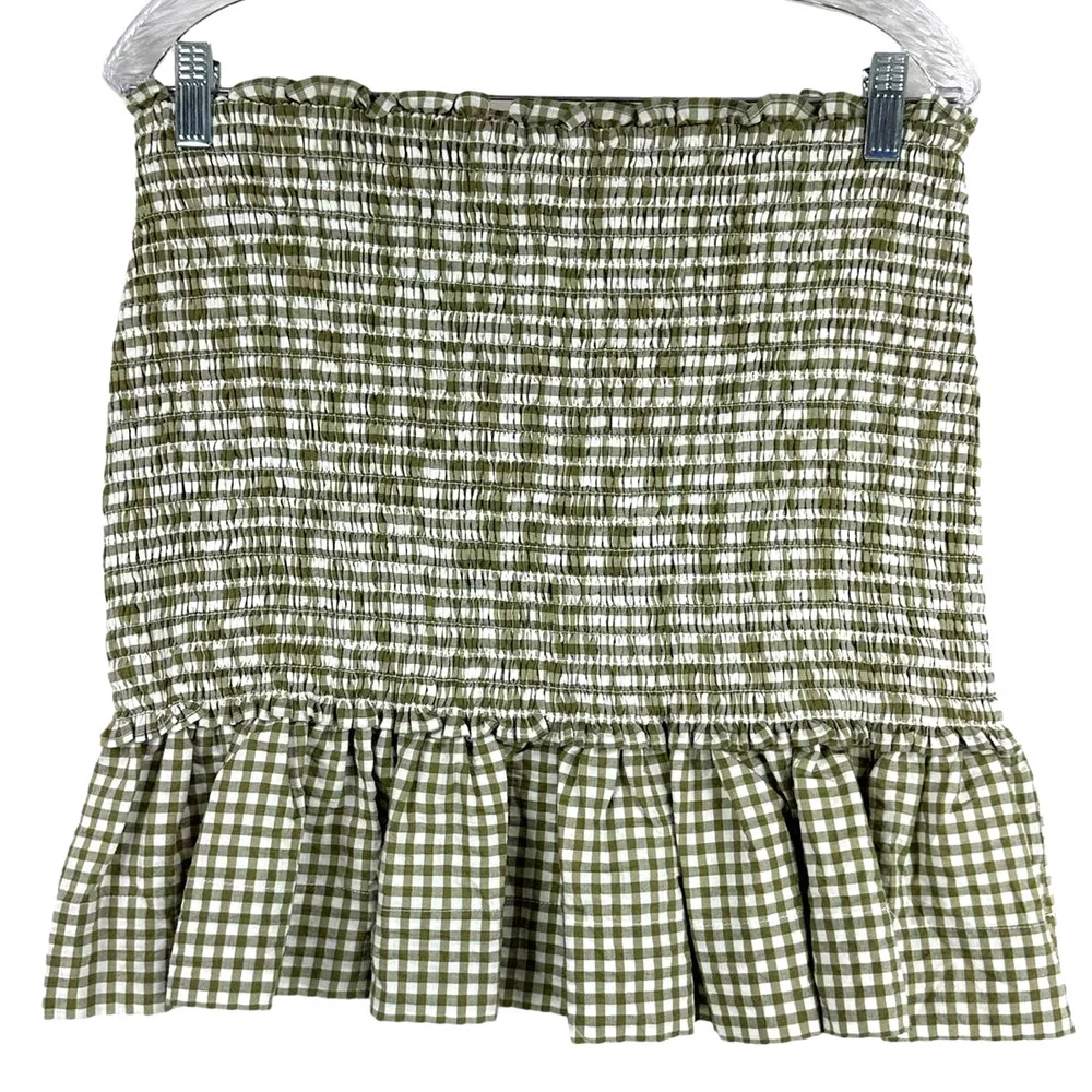 Veronica Beard NWT Aloya Smocked Cotton Mini Skirt Size XL Olive Gingham Ruffle - Picture 3 of 10